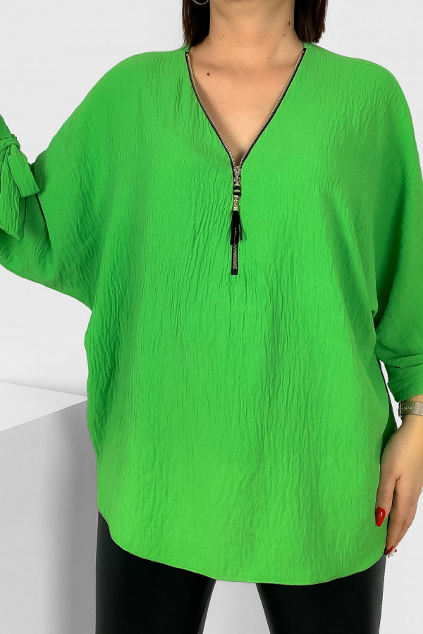 Szeroka bluzka oversize zielona dekolt zamek ZIP wiązane rękawy Mia 2