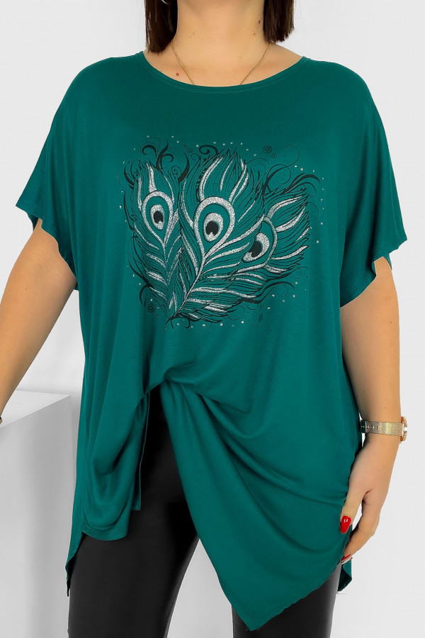 Tunika plus size luźna bluzka z wiskozy w kolorze zielonym trzy pawie pióra