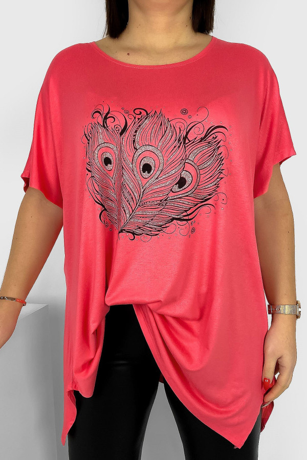 Tunika plus size luźna bluzka z wiskozy w kolorze koralowym trzy pawie pióra