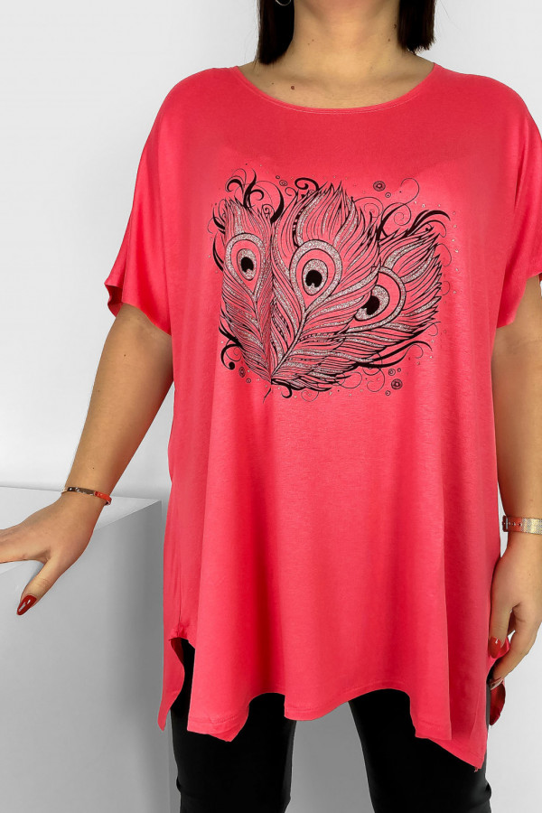 Tunika plus size luźna bluzka z wiskozy w kolorze koralowym trzy pawie pióra 2