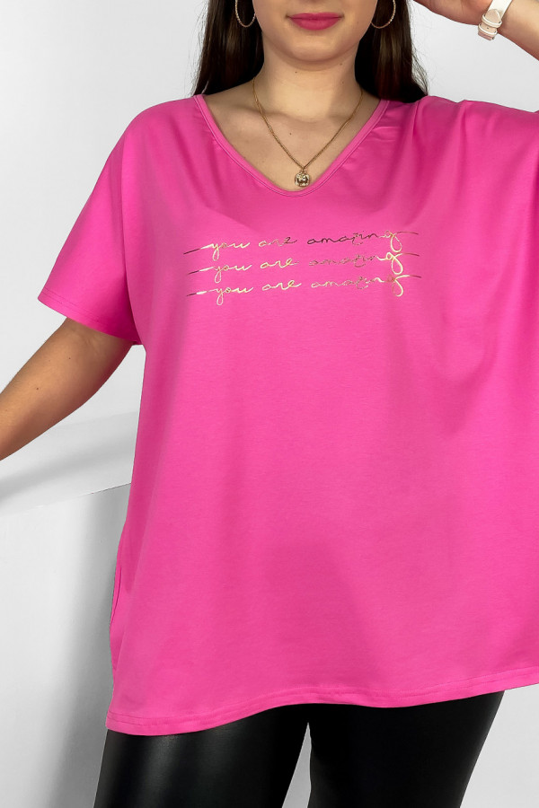 Bluzka damska T-shirt plus size w kolorze różowym złoty nadruk You are amazing 1