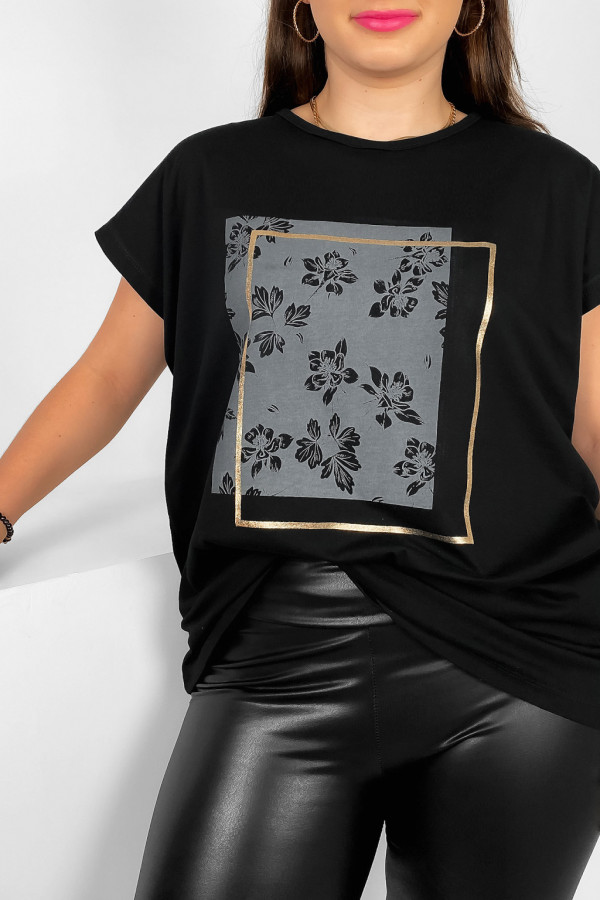 Nietoperz T-shirt damski plus size w kolorze czarnym kwiaty ramka Meggi 1
