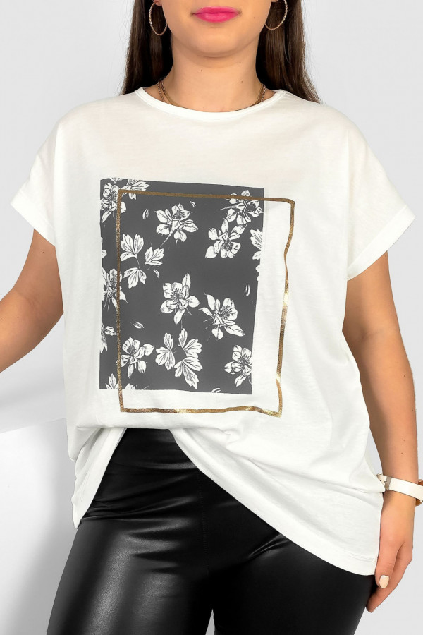 Nietoperz T-shirt damski plus size w kolorze ecru kwiaty ramka Meggi