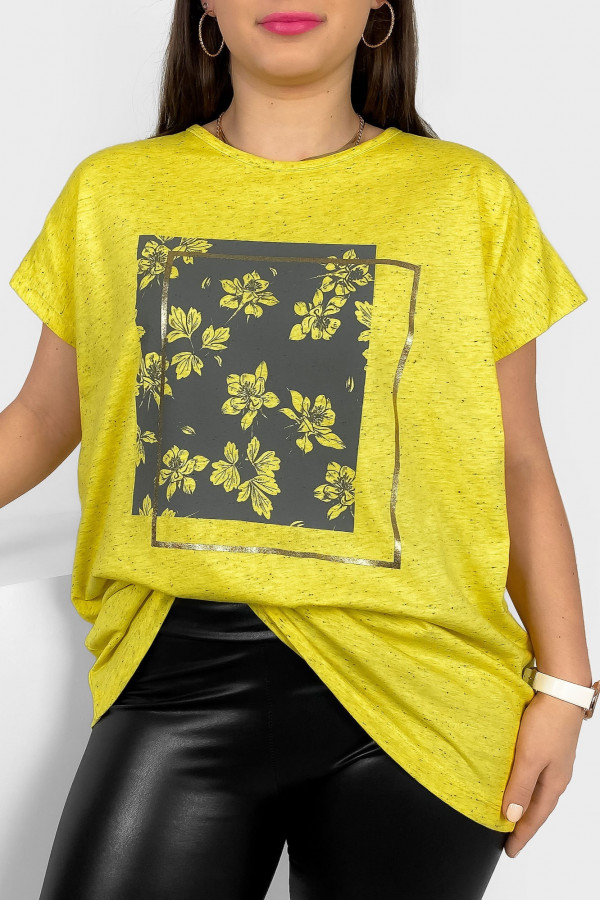 Nietoperz T-shirt damski plus size w kolorze żółty melanż kwiaty ramka Meggi