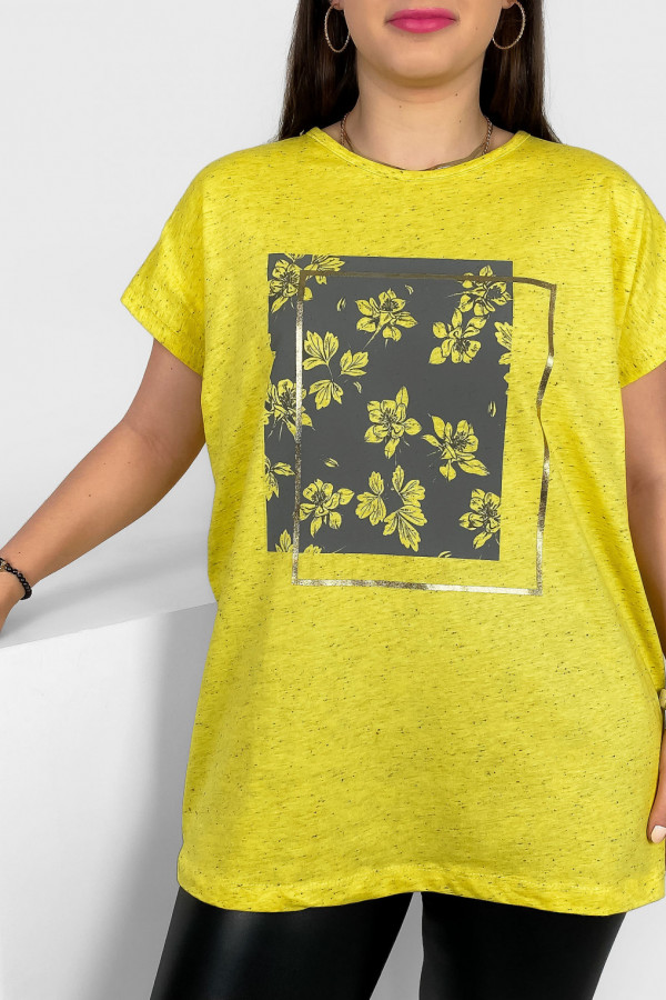 Nietoperz T-shirt damski plus size w kolorze żółty melanż kwiaty ramka Meggi 2