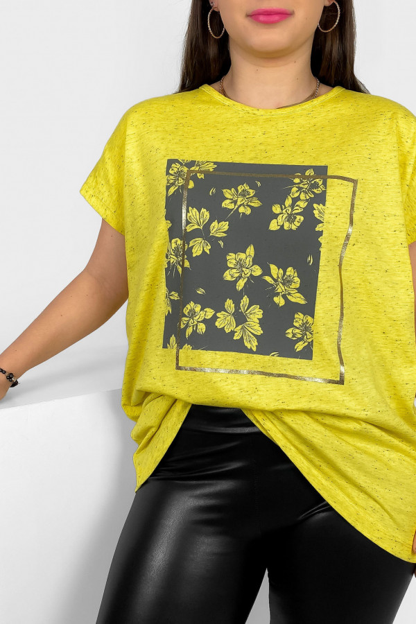 Nietoperz T-shirt damski plus size w kolorze żółty melanż kwiaty ramka Meggi 1