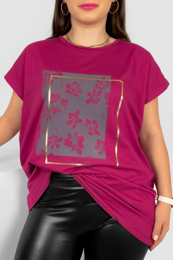 Nietoperz T-shirt damski plus size w kolorze rubinowym kwiaty ramka Meggi