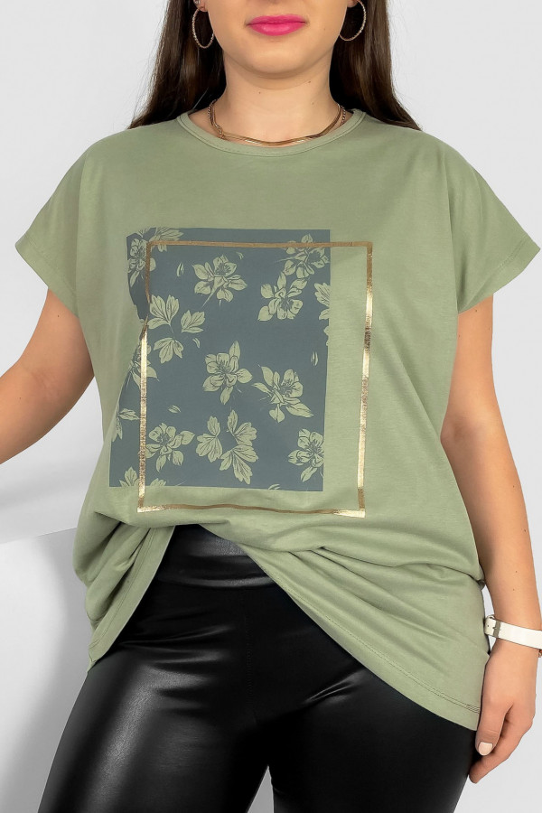 Nietoperz T-shirt damski plus size w kolorze pistacjowym kwiaty ramka Meggi