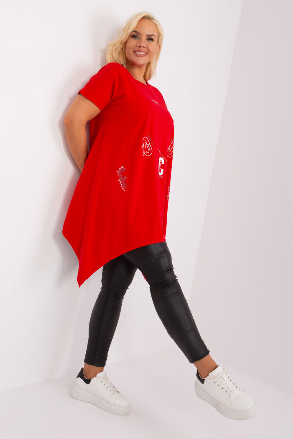 Asymetryczna bluzka tunika damska w kolorze czerwonym z nadrukiem Adriana 1