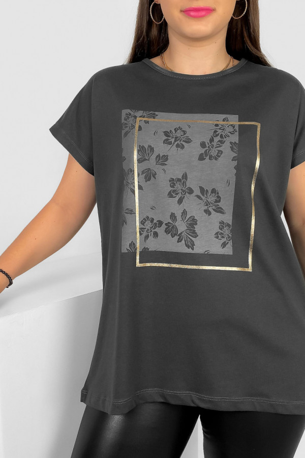Nietoperz T-shirt damski plus size w kolorze grafitowym kwiaty ramka Meggi 2