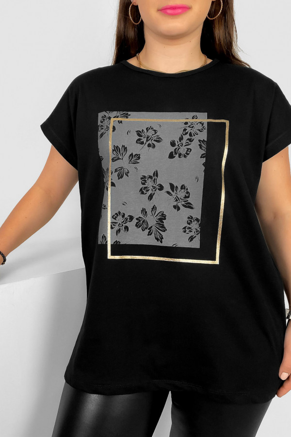 Nietoperz T-shirt damski plus size w kolorze czarnym kwiaty ramka Meggi 2
