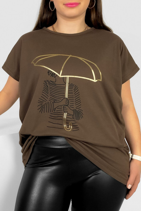 T-shirt damski plus size nietoperz w kolorze brązowym kobieta parasol Meggi