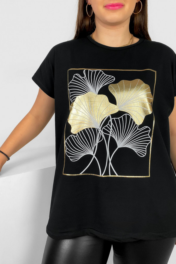 T-shirt damski plus size nietoperz w kolorze czarnym liście bloom Meggi 1