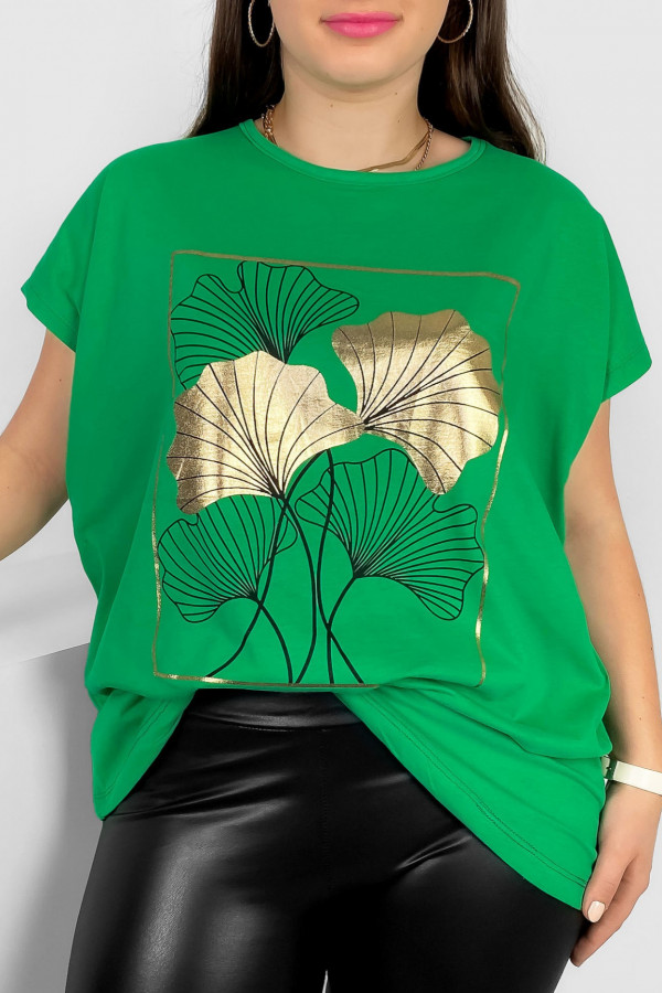 T-shirt damski plus size nietoperz w kolorze zielonym liście bloom Meggi