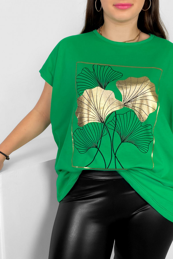 T-shirt damski plus size nietoperz w kolorze zielonym liście bloom Meggi 1