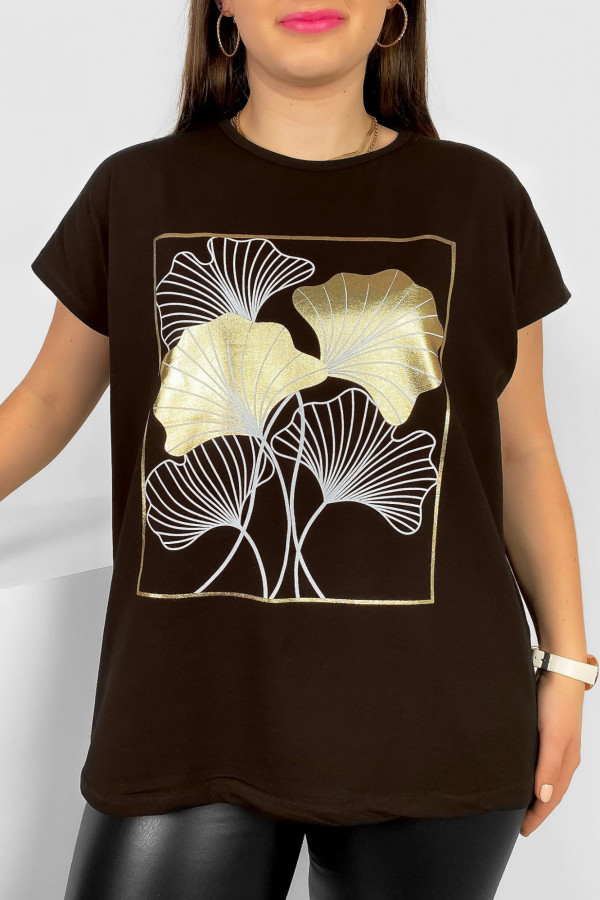 T-shirt damski plus size nietoperz w kolorze czarnego brązu liście bloom Meggi