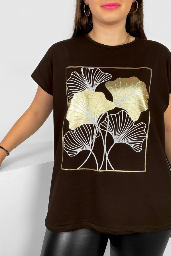 T-shirt damski plus size nietoperz w kolorze czarnego brązu liście bloom Meggi 1