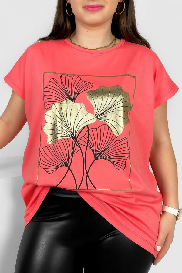T-shirt damski plus size nietoperz w kolorze morelowym liście bloom Meggi