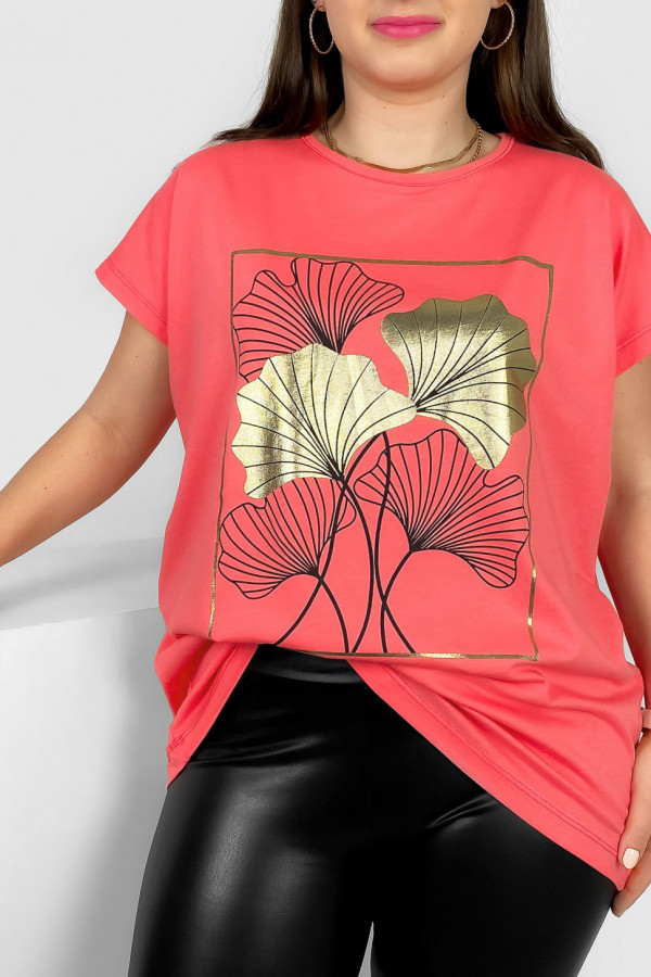 T-shirt damski plus size nietoperz w kolorze morelowym liście bloom Meggi 1