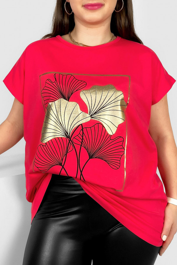 T-shirt damski plus size nietoperz w kolorze koralowym liście bloom Meggi