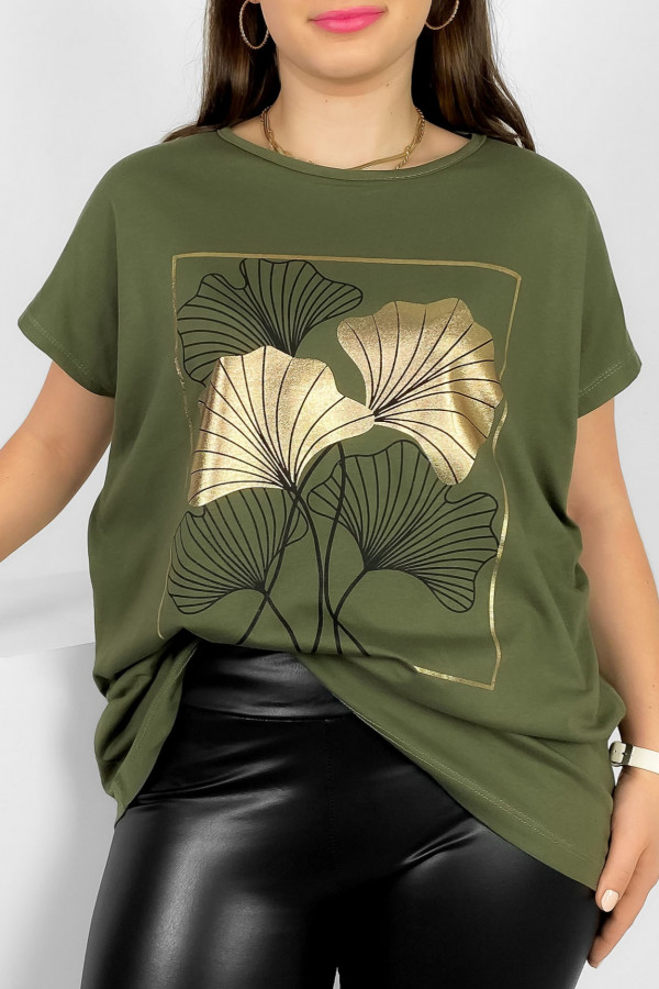 T-shirt damski plus size nietoperz w kolorze khaki liście bloom Meggi