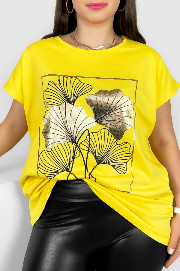 T-shirt damski plus size nietoperz w kolorze żółtym liście bloom Meggi