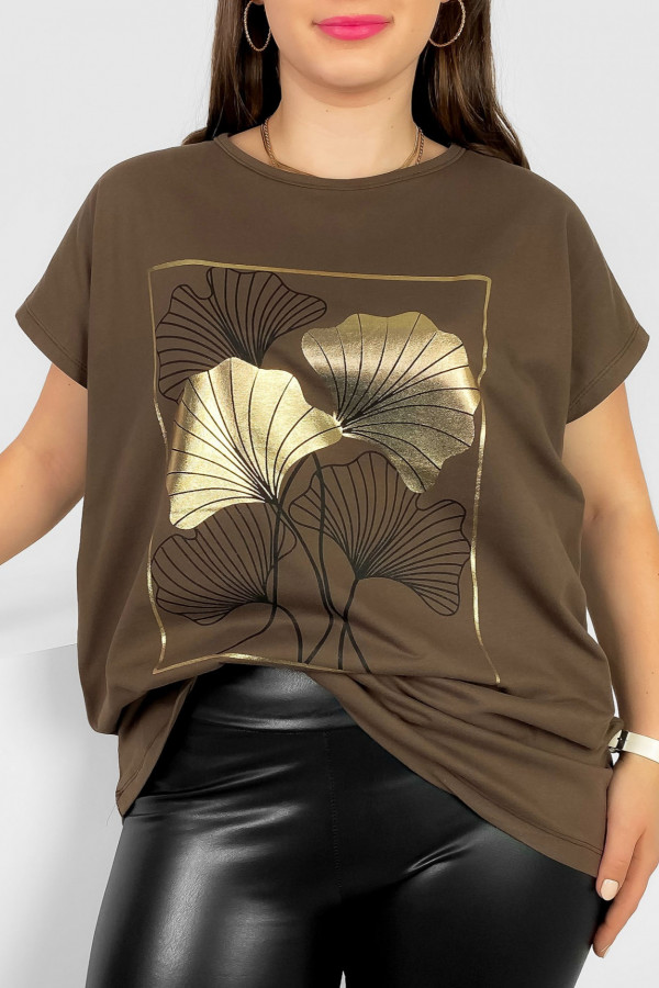 T-shirt damski plus size nietoperz w kolorze brązowym liście bloom Meggi 2