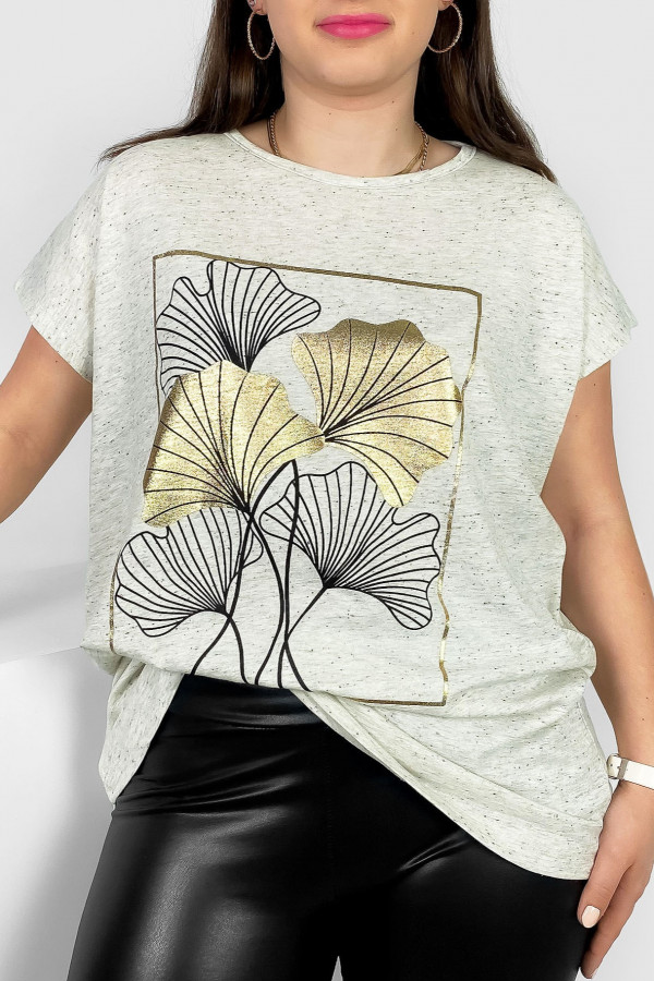 T-shirt damski plus size nietoperz w kolorze beżowy melanż liście bloom Meggi