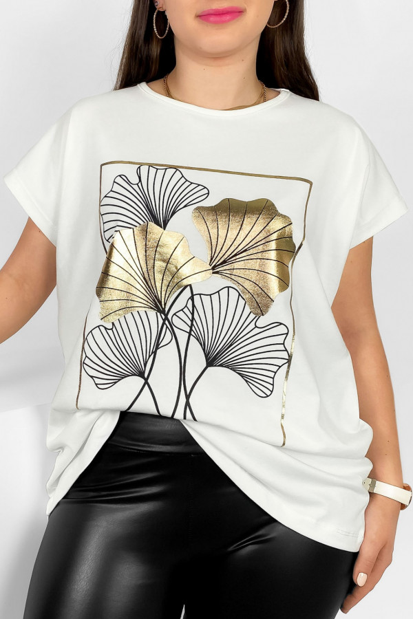 T-shirt damski plus size nietoperz w kolorze ecru liście bloom Meggi
