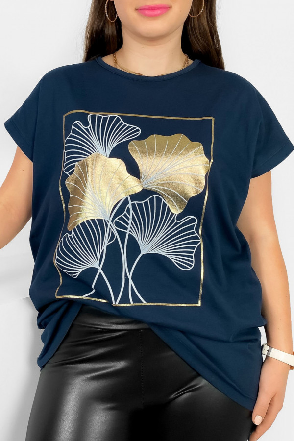 T-shirt damski plus size nietoperz w kolorze dark navy liście bloom Meggi
