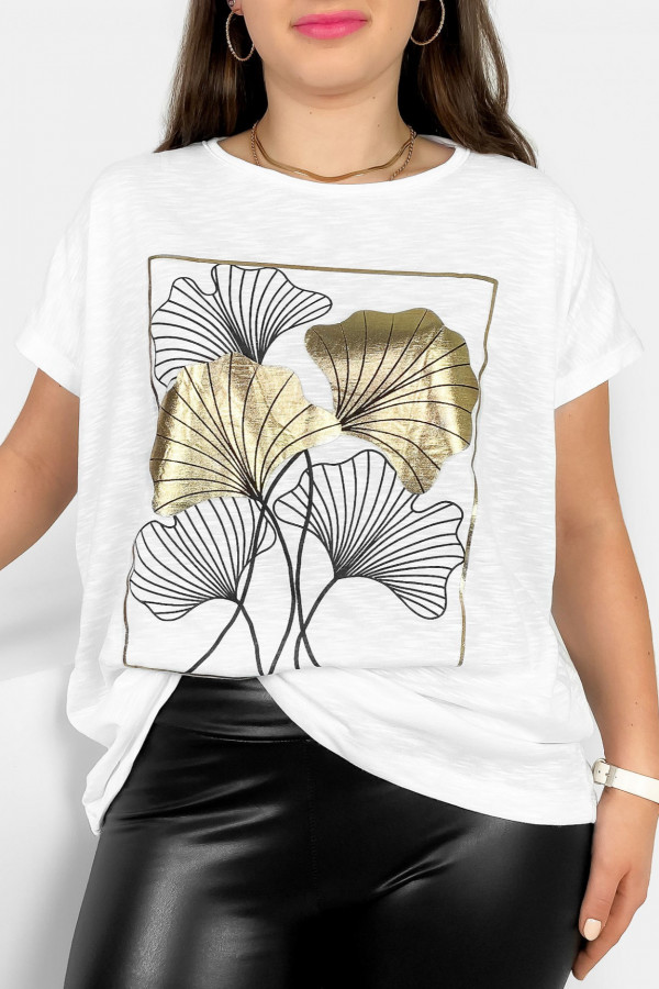 T-shirt damski plus size nietoperz w kolorze białym liście bloom Meggi