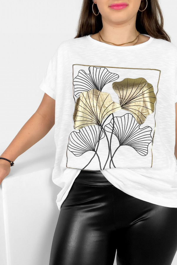 T-shirt damski plus size nietoperz w kolorze białym liście bloom Meggi 1