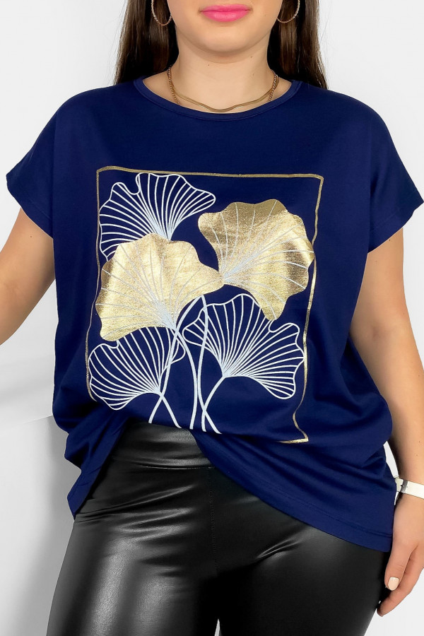 T-shirt damski plus size nietoperz w kolorze granatowym liście bloom Meggi 2