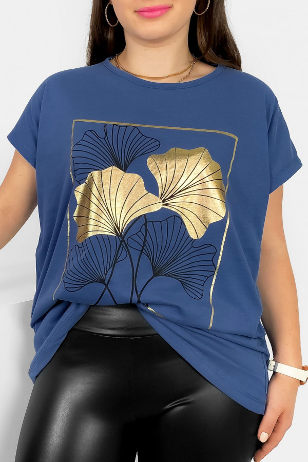 T-shirt damski plus size nietoperz w kolorze denim liście bloom Meggi