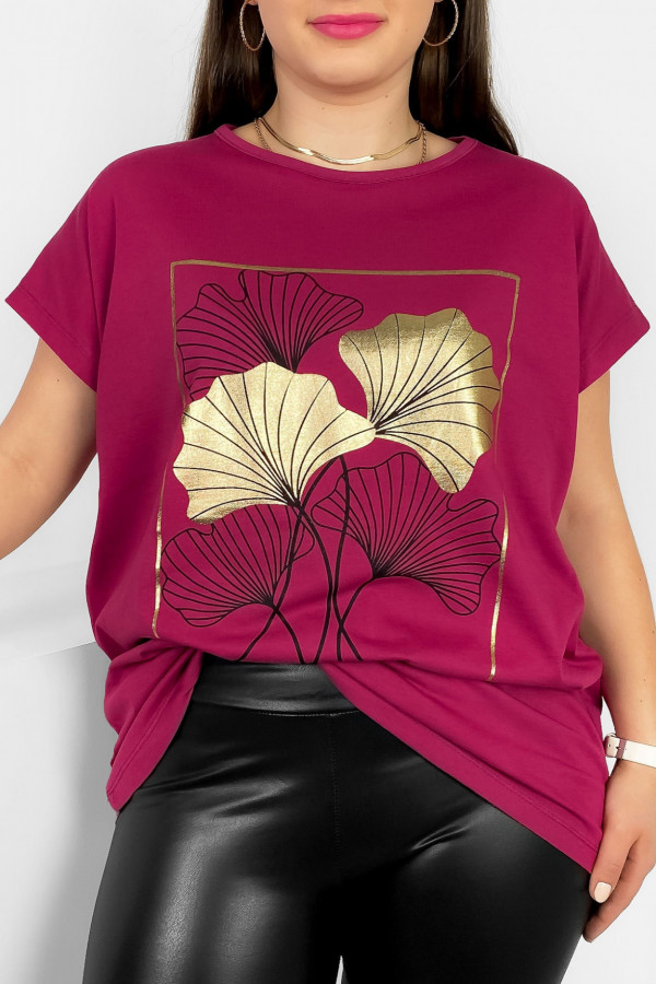T-shirt damski plus size nietoperz w kolorze rubinowym liście bloom Meggi