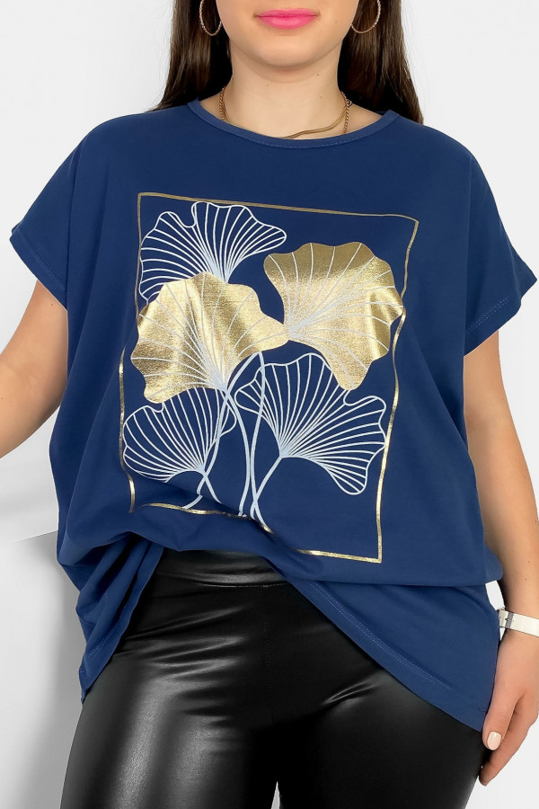 T-shirt damski plus size nietoperz w kolorze dark blue liście bloom Meggi