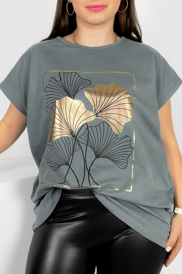 T-shirt damski plus size nietoperz w kolorze szarym liście bloom Meggi