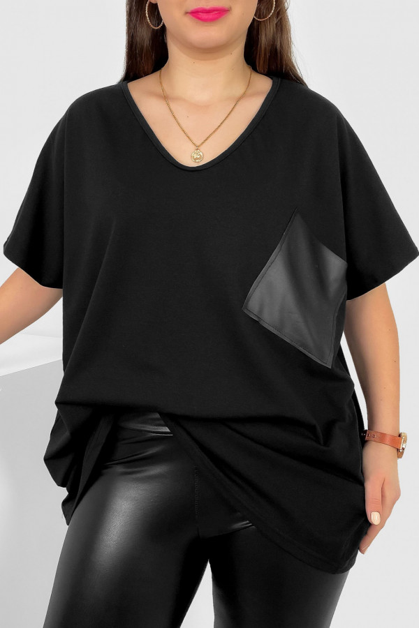 Bluzka damska plus size w kolorze czarnym skórzana kieszeń