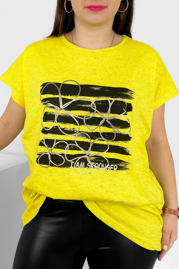 T-shirt damski plus size nietoperz w kolorze żółtego melanżu kwiaty pasy Meggi