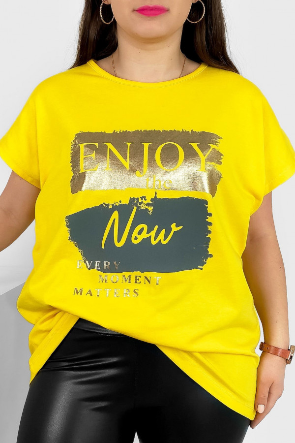 T-shirt damski plus size nietoperz w kolorze żółtym napisy Enjoy Meggi