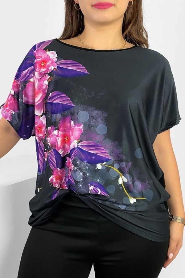 Bluzka damska plus size nietoperz multikolor z nadrukiem kwiaty pink violet