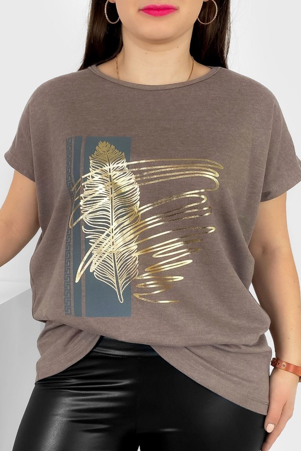 T-shirt damski plus size nietoperz w kolorze brązowego melanżu piórko Meggi
