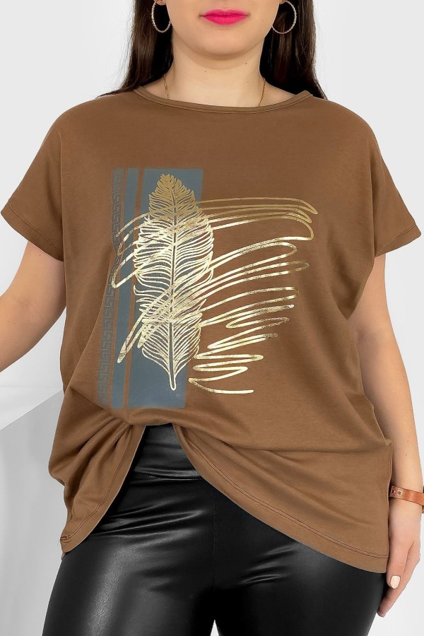 T-shirt damski plus size nietoperz w kolorze brązowym piórko Meggi