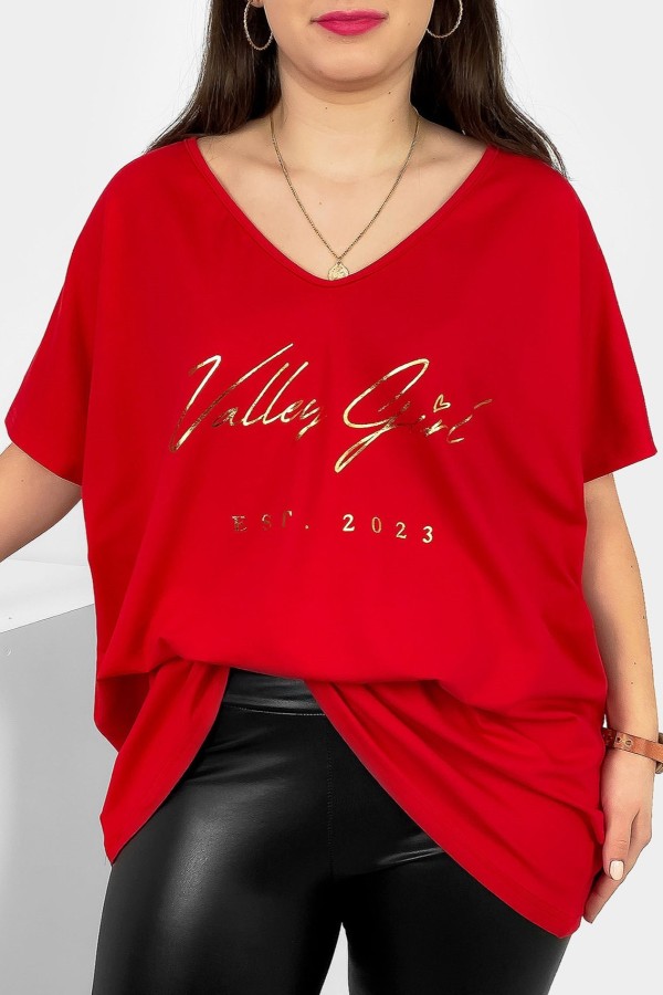 Bluzka damska T-shirt plus size w kolorze czerwonym złoty nadruk Valley Girl