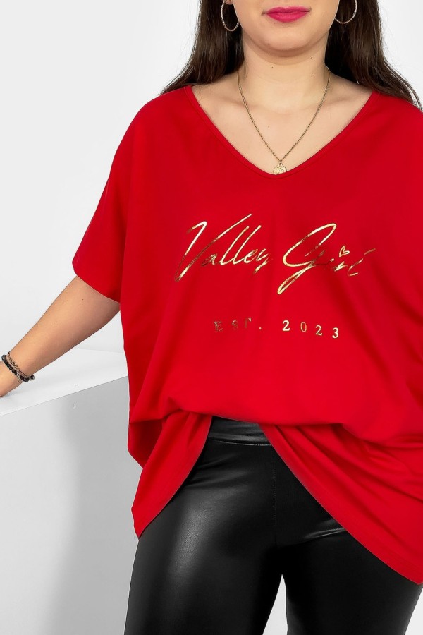 Bluzka damska T-shirt plus size w kolorze czerwonym złoty nadruk Valley Girl 1