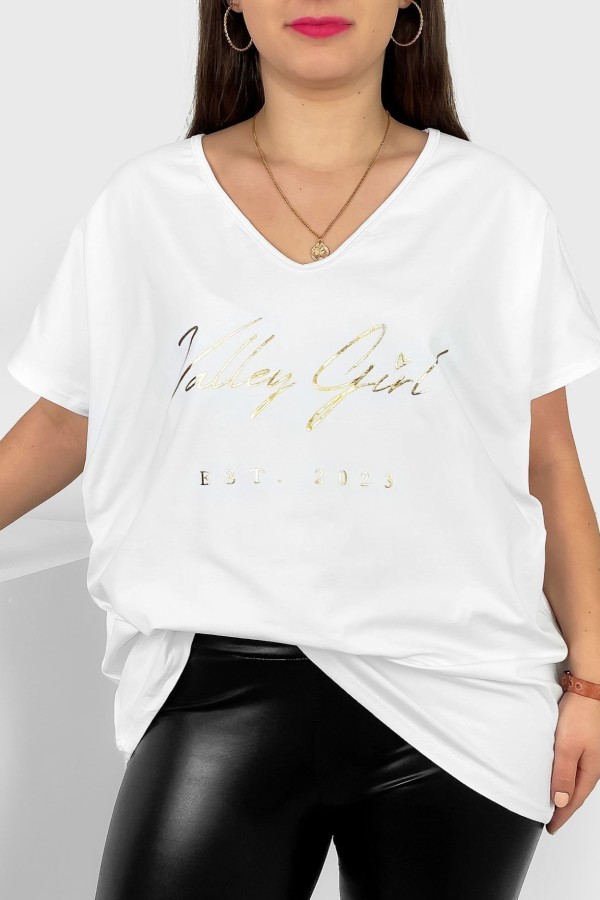 Bluzka damska T-shirt plus size w kolorze białym złoty nadruk Valley Girl