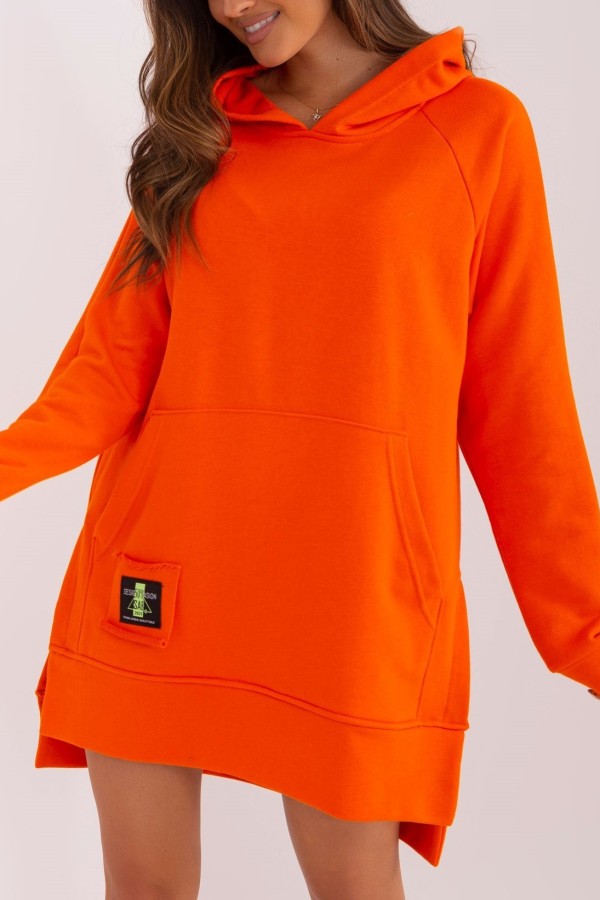 Długa bluza tunika damska w kolorze pomarańczowym z kapturem Nisa