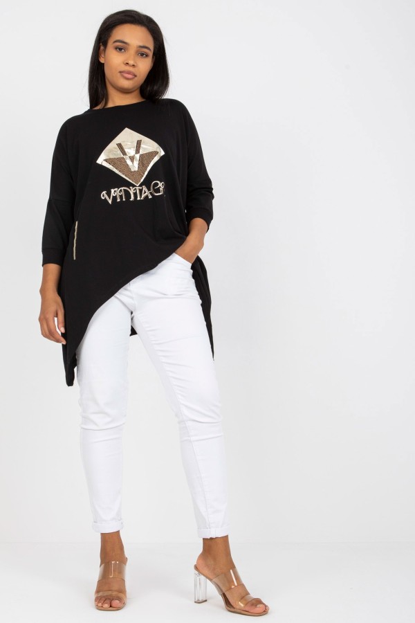 Asymetryczna bluzka tunika damska w kolorze czarnym z kieszeniami vintage 1