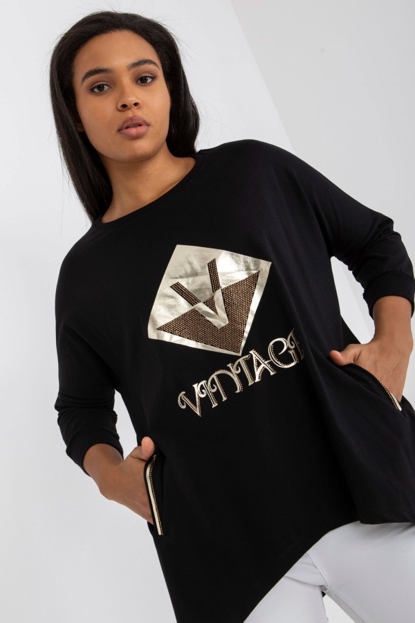 Asymetryczna bluzka tunika damska w kolorze czarnym z kieszeniami vintage 3