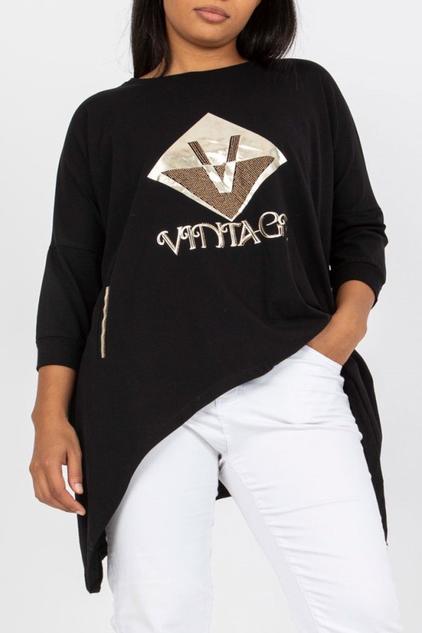 Asymetryczna bluzka tunika damska w kolorze czarnym z kieszeniami vintage